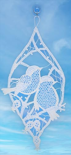 Plauener Spitze Fensterbild Vogelpaar 24 cm Weiß Fensterdekoration Frühling Sommer Allzeit Einfarbig Fensterschmuck mit Saugnapf