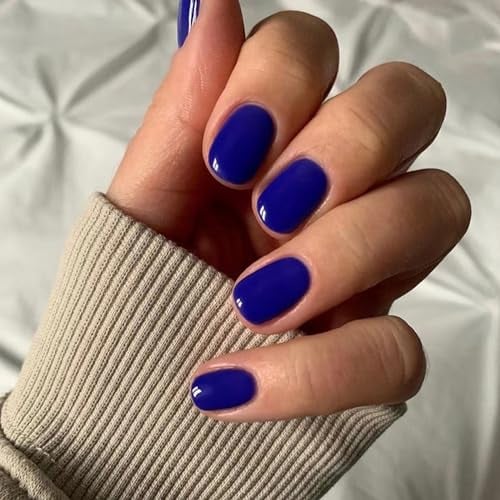 Ceboic 24Pcs French False Nails Short Square Press On - Glossy Pure Color Dark Blue Full Cover Stick On Acrylic Glue On Natural Fake Nail Art Decorations for Women and Girls