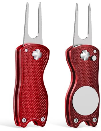 GreenHaven 2 Pack Golf Divot Repair Tool for Golfers Foldable Metal Green Tool with Magnetic Putt Alignment Ball Marker Pop-up Fork Tine with Sturdy Aluminum Alloy Handle, Red