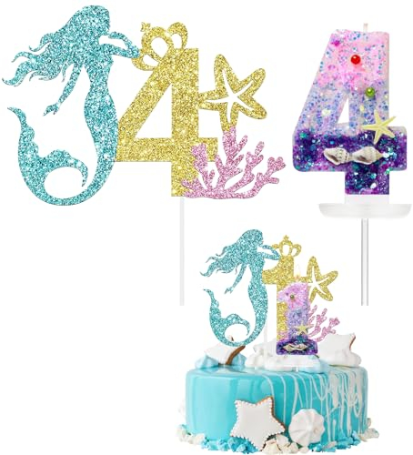 Mermaid Theme Birthday Cake Topper, Number 4 Candle and Cupcake Decorations for Kids Party