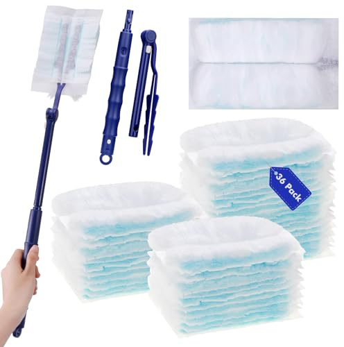 Kssvzz 36 Pcs Flash Dust Magnet Refill Kit, Fluffy Duster Refills, Disposable Duster Heads with Handle Extendable to 90cm for Cleaning Blinds, Home Cleaning, Office Home Fans