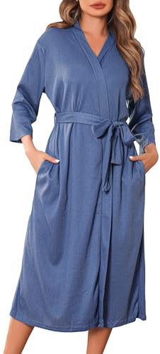 Wikoan Peignoir de Bain Gaufré pour Femmes Robe de Chambre Col V Peignoir Léger et Doux Sortie de Bain pour Toutes les Saisons Peignoir Piscine Bleu XL