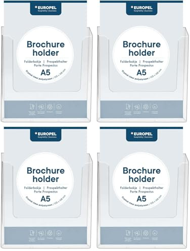 Europel Wall Mounted Brochure Holder, for A5 Size, Crystal Clear Acrylic Literature Stand & Dispenser, Booklet, Flyer & Menu Display & Dispenser for Office, Restaurants & Reception, Portrait