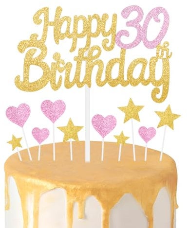 Gold Pink 30th Birthday Cake Topper, Girls 30th Birthday Decorations, Glitter Heart Stars Cake Toppers, Personalised Happy Birthday Cake Cupcake Toppers for Women Girls Baby Birthday Party Supplies