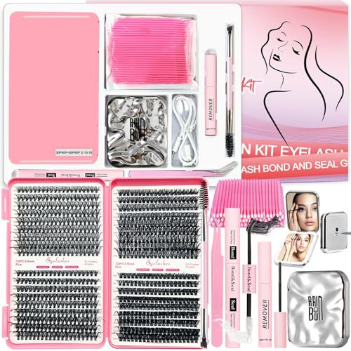 Qiveaory DIY Lash Extension Kit with 720pcs Lashes Clusters,1X/2X Magnification Compact Mirror with Light,Lash Bond and Seal,Eyelash Remover Tweezers Applicator Mascara Brush(10-18mm,30-60D Curl)