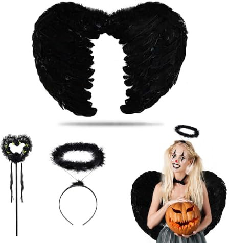KEELYY Alas de Angel 60cm Negro Disfraz de Alas de Angel y Demonio con Halo y Varita Mágica, Alas de ángel para Mujer y Niña, para Halloween Carnaval Cosplay Fiesta Disfraces