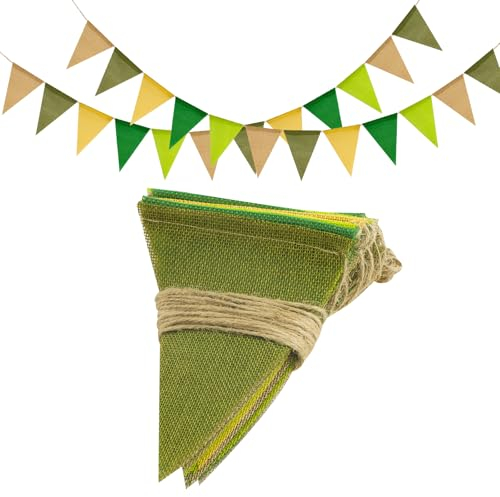 jijAcraft Wimpelkette Outdoor Wetterfest Salbeigrün, 12M Wimpelkette Garten, Jute Wimpelgirlande mit 36 Stück Wimpel, 3 Stück Grün Girlande für Geburtstagsfeier, Gartenparty, Camping