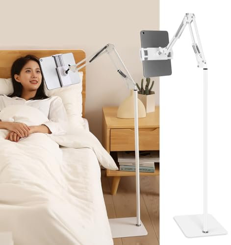 Free Standing Floor Tablet Holder Stand, Flexible Arm Mount, Universal Compatible with iPad, Kindle, Samsung, Phone, Screens from 4 to 13 inch, Adjustable Angles Height Reading in Bed E-reader Gift
