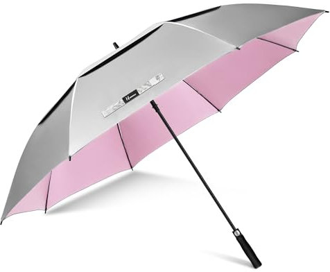 NINEMAX UV Schutz Golf Regenschirm Groß,Automatische öFfnen Golfschirm XXL,Golfschirm Mit Doppellagiger Schirmstoff(Silber/Rosa)