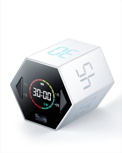 Ticktime Pomodoro Timer Cube Würfel, Sechseck Productivity Timer, Pause & Weiter, Leise, Vibration & Einstellbarer Alarm, für ADHS, Arbeit, Lern, 5/15/25/30/45/60min & Custom Countdown, Silber