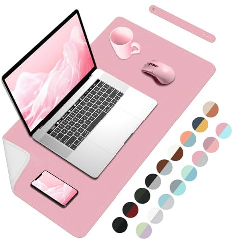 Sous-main double face, sous-main imperméable en cuir PU, grand tapis de souris, protection de table facile à nettoyer, tapis d'écriture pour ordinateur portable - rose + argent, 60 x 35 cm