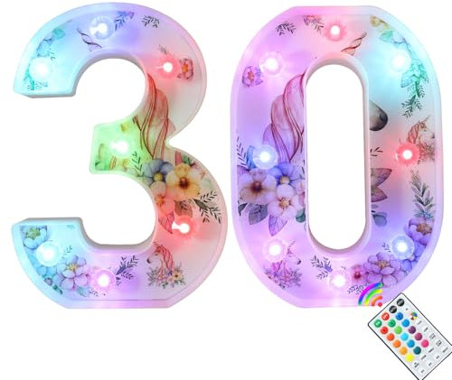 Unicorn LED Light Up Numbers, 18 Color Changing Number Lights 30th Birthday Decorations, Unicorn Gifts for Women Birthday Party Anniversary Remote Night Light Christmas Wall Table Decor - Number 30