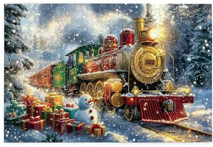 Vextrovia The Christmas Train is Moving Wooden Jigsaw Puzzle, Christmas Illustration - Gift Train Puzzle for Adults 1000 Pieces Adults Puzzles, Jigsaw Puzzle for Puzzle Lover
