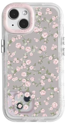 NITITOP Compatible with iPhone 13 Case Cute Glossy Mirror Flower Floral Vintage Rose Pattern for Women Girls Light Pink Frame Design Shockproof Silver Protective Cover - Light Pink Rose