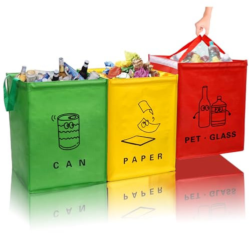 Libershine Mülltrennsystem Taschen 3 Fächer für Plastik, Glas, Papier Perfekt als Mülltrenner, Pfandflaschen Aufbewahrung, Recycling-System Organizer, Altpapier-Sammler für Küche, Haushalt, Büro