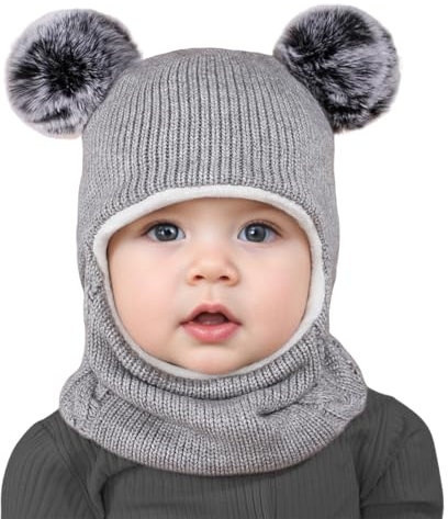 Ourdort Schlupfmütze Kinder,Baby Mütze,Babymütze Winter,Baby Mütze Winter Neugeborene,mit Bommel Fleecefutter Beanie Mütze,für 2-7 Jahre alt Baby. (grau)