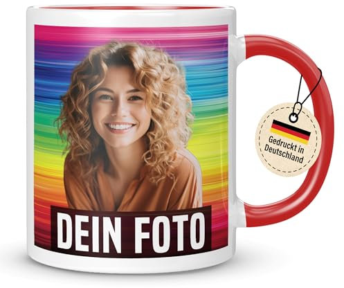 Personalisierte Tasse mit Foto, Tasse personalisiert mit Foto und Text – gedruckt in Deutschland (Rot, Basic Druck)