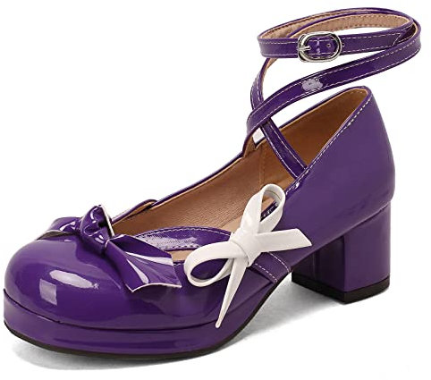 Gicoiz Donna Punta Rotonda Tacco a Blocco Scarpe Mary Jane Plateau Scarpe Vernice Moda con Cinturino alla Caviglia Festa Lovely Bowtie Lolita Scarpe Viola Numero 37 EU-38Cn