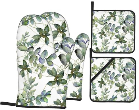 Guanti da forno con stampa di foglie di eucalipto verde, set da quattro pezzi, guanti resistenti al calore e termoisolanti