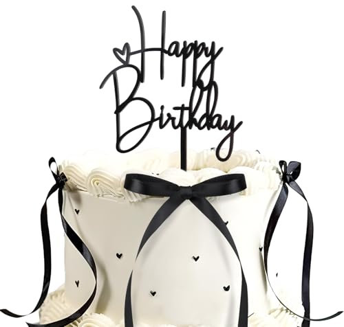 BETESSIN Happy Birthday Tortendeko Schwarz - Happy Birthday Cake Topper mit 10 Schleifen - Acryl Tortendeko Geburtstag - Stilvolle Kuchendekoration für Geburtstagstorte