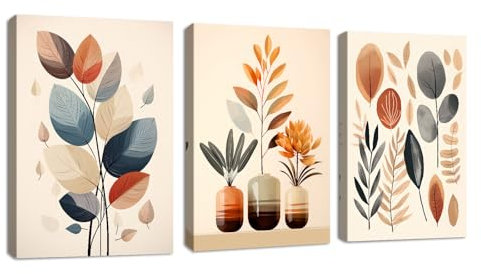 3 Pcs Boho Eucalyptus Feuille Tableau Décoration Murale Salon Impression sur Toile Nature Orange Botanique Feuilles Image sur Toile Peintures sur Toile Décor Murale pour Chambre Maison Bain 30x40cmx3