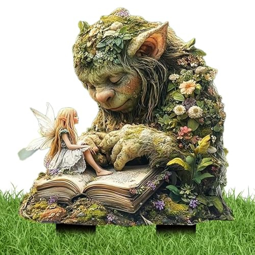 Garten-Dekostecker Märchenhafter Troll Mit Buch, Garten-Dekostecker Meditation, Outdoor Dekostecker Waldgeist, Dekorative Skulpturen Für Gärten, Dekorative Skulpturen, Terrassen-Dekorationen