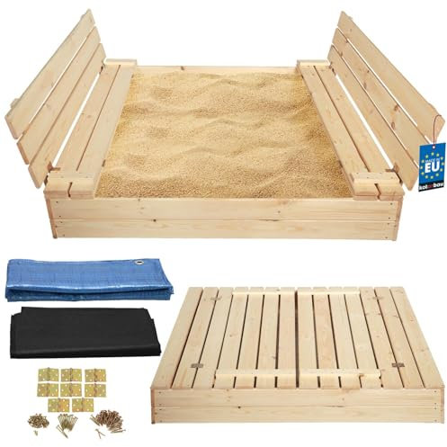 KOTARBAU® Sandkasten mit Abdeckung 140 x 140 cm Naturfarbe Großer Holzsandkasten Sandkasten mit Sitzbank und Deckel Gartenspielzeug Kinder imprägniert verschließbar mit Bänken