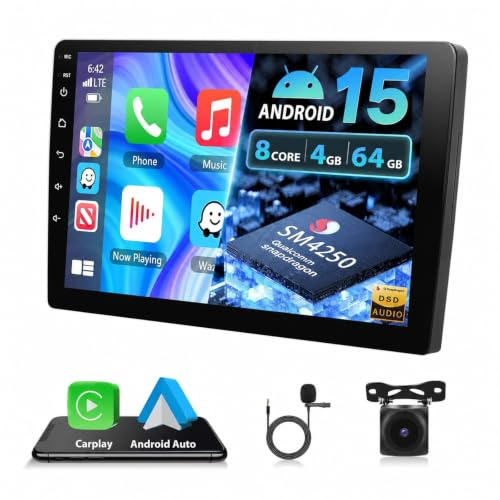 Motorsi 8Core 4GB+64GB Processore Qualcomm 2 Din Autoradio con Carplay Android Auto, 10 Bluetooth Auto Stereo con Schermo, USB,GPS, 5G WiFi, DSP, Mirror Link, EQ,FM/RDS + Telecamera