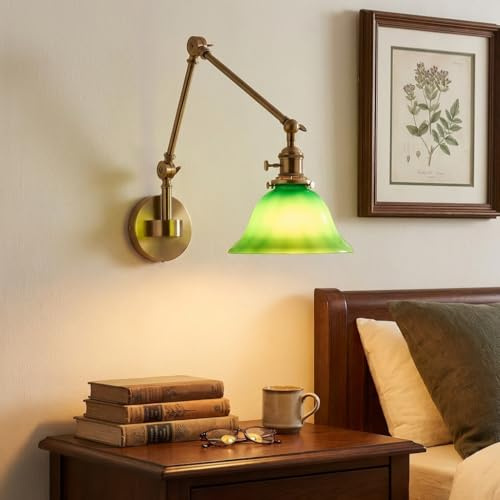 BARCELONA LED - Aplique de Pared Vintage BILLAR – Lámpara de Pared con Pantalla Verde | Luz de Pared Industrial, Brazo Articulado y Cabezal Orientable para Dormitorio, Estudio o Locales