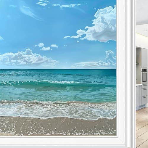 Summer Sea View One Way Privacy Fensterfolie, tropische Strandlandschaft, hitzeblockierend, Fensterfolie, selbstklebend, Sichtschutz, 45 x 60 cm