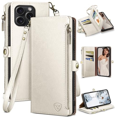 XcaseBar compatible with ‌iPhone 16 Pro Max Wallet case with Zipper Credit Card Holder【RFID Blocking】,Flip Folio Book PU Leather Cover Shockproof Phone case Women Men for Apple 16 Pro Max case White