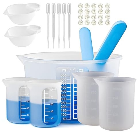 Zyiphor 7 Stück Silikon Messbecher Set Silikonbecher zum Gießen 600/250/100ml Mischbecher mit Rührstäbchen, Pipetten Dosierbecher, Fingerlinge für DIY, Basteln, Labor
