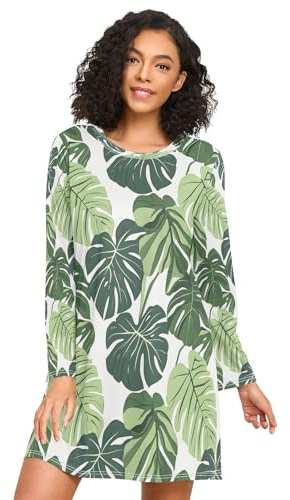 ISAOA Long Sleeve Women's Nightdresses Green Monstera Deliciosa Pattern Nightshirts,Soft Sleep Dress S-XXL