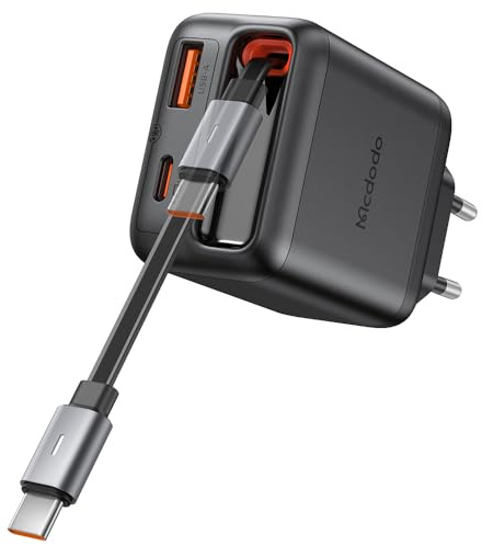 Mcdodo 35W USB C Ladegerät mit Einziehbarem Kabel, Schneller als 30W, Netzteil USB C GaN Schnellladegerät 3-Port Charger PD Ladegerät Kompatibel mit iPhone 17 16 15 14, Galaxy, MacBook Pro, iPads