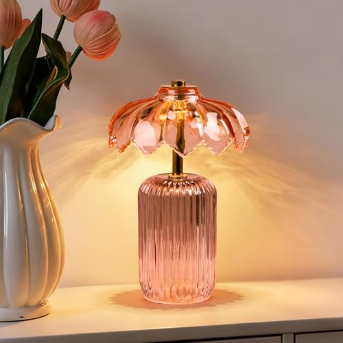 MJ Premier Cordless Lamp, Battery Operated Lamp with Timer, Crystal Glass Flower Lampshade, Small Table Lamps, Decorative Led Light for Bedroom Living Room Shelf (S-Pink)