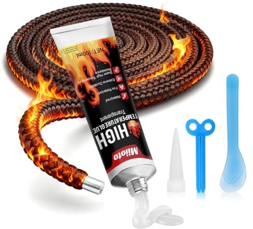 Miioto Silicona Alta Temperatura, 2.5m Junta Cristal Chimenea, Pegamento Alta Temperatura, Junta Chimenea, Sellador Tubo Chimenea, Apto para Hornos, Chimeneas, Puertas de Chimeneas