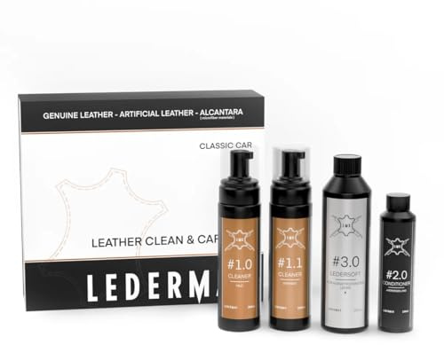 Generisch LMX Ledermax Classic Car Set, Professionelles Lederpflege-Set für Oldtimer und Cabrios, 4-teilig mit Cleaner, Ledersoft und Conditioner, UV-Schutz und Tiefenpflege
