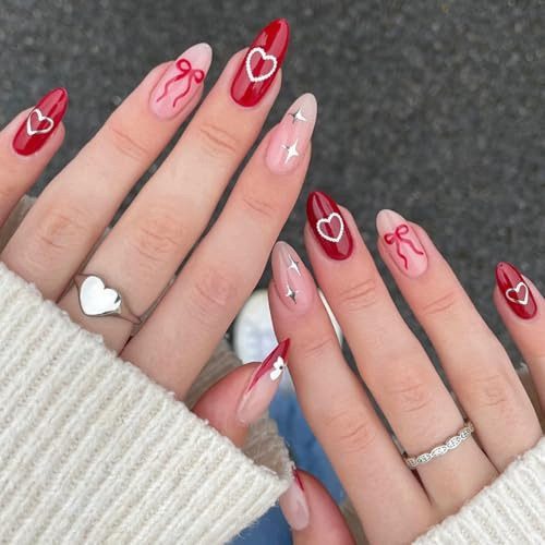 Medium Almond Press on Nails - 24pcs Oval Burgundy French Tip False Nails - Bowknot Heart Wine Red Fake Nail with Glue - Acrylic Glossy Full Cover Stick on Nails Nail Art for Women Valentine's Day