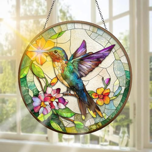 Pavemlo Colibrì Acchiappasole in Vetro Colorato, Decorazione Da Appendere Alla Finestra Fiori – Acchiappasole Fatto a Mano Come Interno Ed Esterno Decorazione per Giardino, 20 X 20 cm