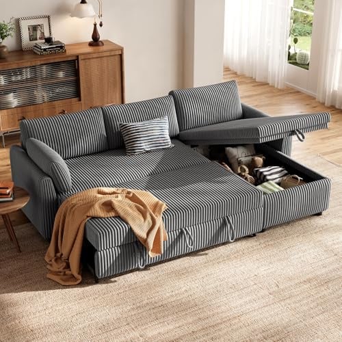 HOMRELEXA Ecksofa mit Schlaffunktion, Cord Schlafsofa in L-Form, Sofa Bed | Schlafcouch Ausziehbar mit Stauraum, Umkehrbare Chaiselongue (Links oder rechts)