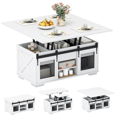 COSTWAY Couchtisch Höhenverstellbar, Wohnzimmertisch mit 2 Schiebetüren offenen Regalen & 3 versteckten Fächern, Kaffeetisch umwandelbar in Esstisch, 105 x 54 cm Sofatisch aus Holz (Weiß)