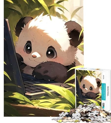 1000-teiliges Puzzle mit niedlichem Panda und Laptop EIN lustiges Spiel das die Gehirnleistung fördert und süchtig Macht EIN tolles Geschenk für Frauen und Männer (Größe 38x52cm)