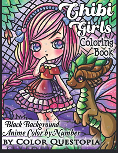 Chibi Girls Coloring Book Anime Color by Number BLACK BACKGROUND: Adorable Kawaii Manga Mosaic Fantasy Scenes For Adults, Kids, and Teens (Adult Color By Number)