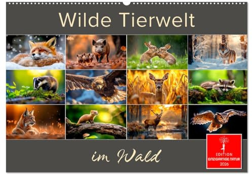 Wilde Tierwelt im Wald (Wandkalender 2026 DIN A2 quer), CALVENDO Monatskalender: Scheue Waldbewohner gekonnt in Szene gesetzt. (CALVENDO Tiere)