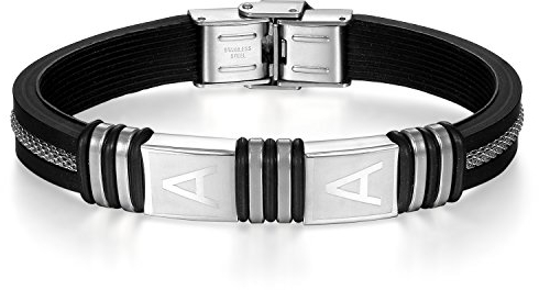 JewelryWe Schmuck Herren Armband, Retro Doppel Buchstabe Alphabet A Armreif Armschmuck mit Drahtseil, Edelstahl Kautschuk, Schwarz Silber