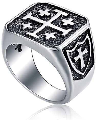 ENHONG Jerusalem Cross Rings for Men,Mens Stainless Steel Christian Signet Ring,Vintage Silver Catholic Templar Ring in Size 11