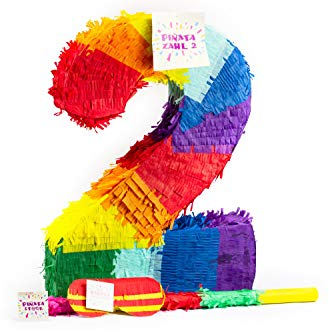 Trendario Zahl 2 Pinata Set, Pinjatta + Stab + Augenmaske, Ideal zum Befüllen mit Süßigkeiten und Geschenken - Piñata für Kindergeburtstag Spiel, Geschenkidee, Party, Hochzeit
