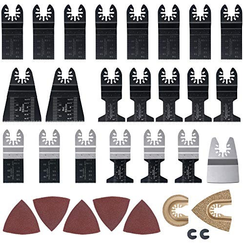 flintronic Oscillating Saw Blades, 32 x Wood Metal Oscillating Saw Blades, Quick Release Mix Multitool Blades Set for Cutting, Sanding, Grinding, Dewalt, Craftsman, Milwaukee, Rockwell, Ryobi, Bosch