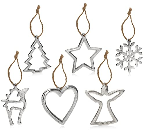 COM-FOUR® 6X Metallanhänger für den Weihnachtsbaum - Christbaumschmuck aus Metall in Form von Herz, Engel, Tanne, Rentier, Stern, Schneeflocke [Auswahl variiert] (6 Stück - Mix 2)