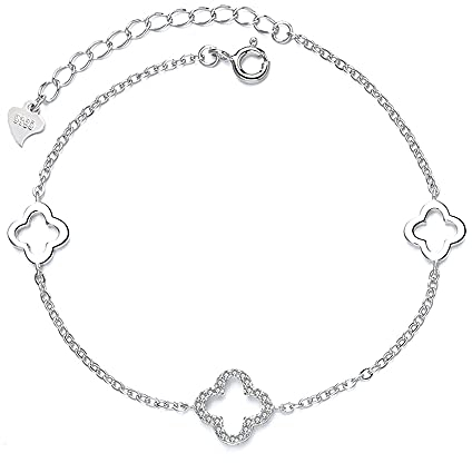 Belons Damen Armband 925 Sterling Silber Zirkonia Vierblättriges Kleeblatt Charm Armband Mädchen Armkette Armkettchen Kinder Fußkettchen
